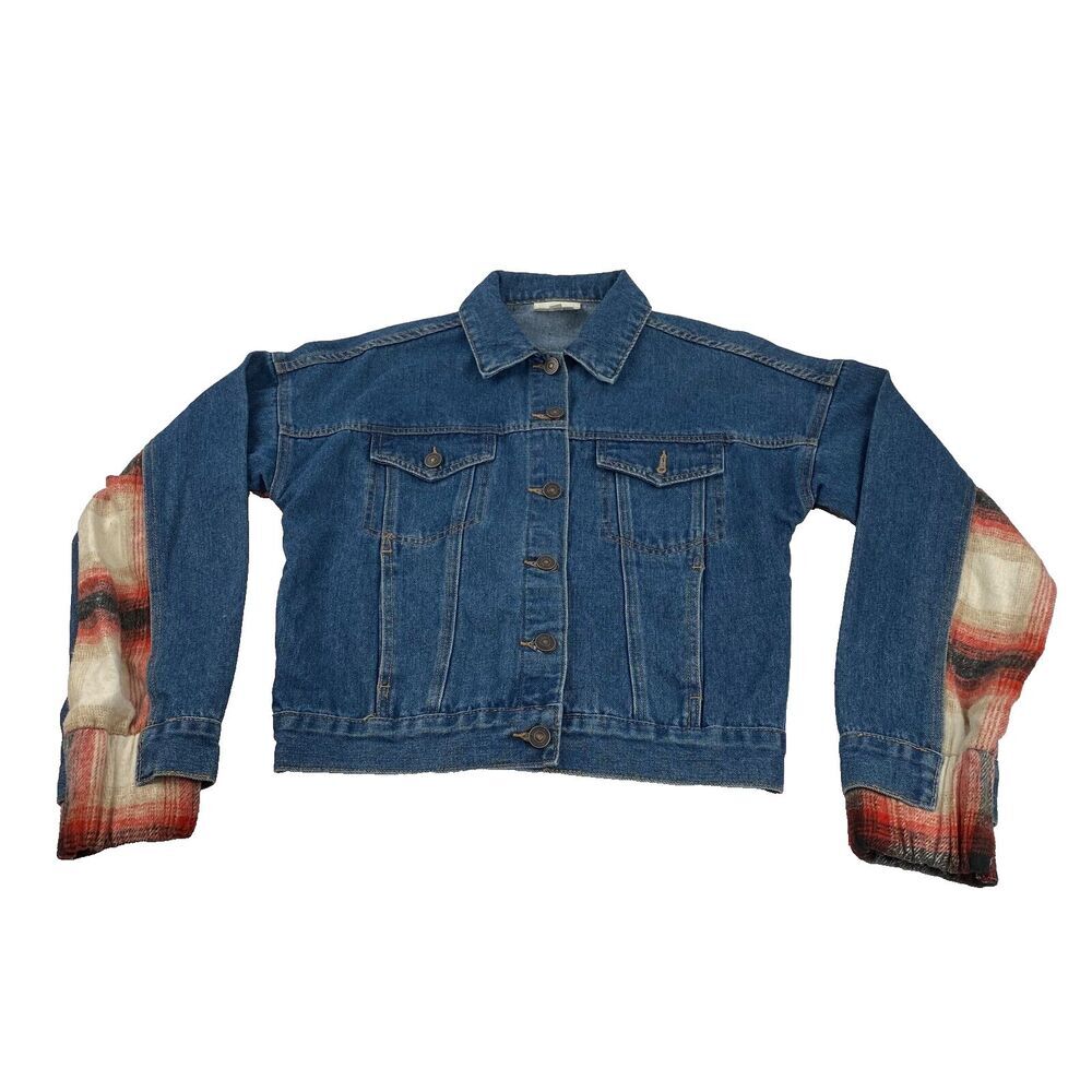 BKE Jacket Women Sz XS Relaxed Jean and plaid flannel Boho‎ Trucker outdoor Blue
